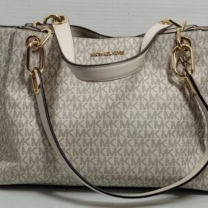 Michael Kors Trisha Triple Gusset Cream & Gold  Shoulder Bag Purse Handbag Large